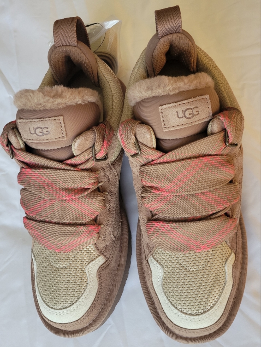 UGG Taupe Suede & Knit Sneakers with Pink Lacing